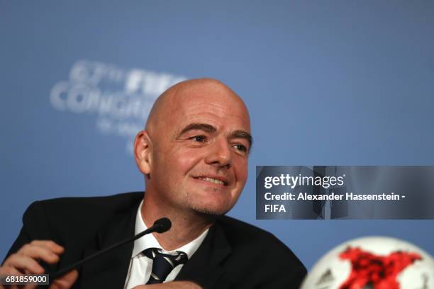 President Gianni Infantino smiles during a press conference after the 67th FIFA Congress at the Bahrain International Congress & Convention Center on...