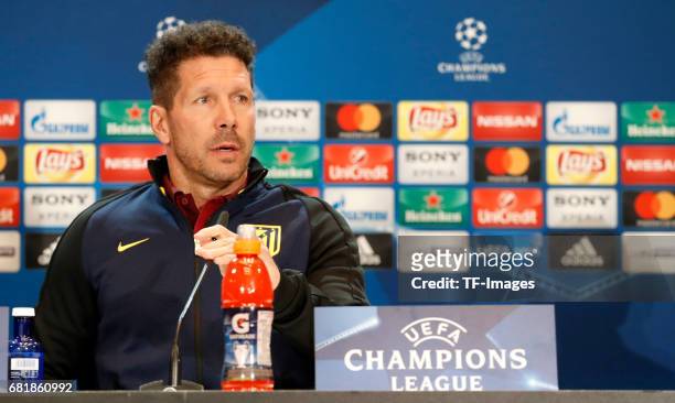 Head coach Diego Simeone of Atletico Madrid attends a press conference ahead of the UEFA Champions League Semifinal Second leg match between Club...
