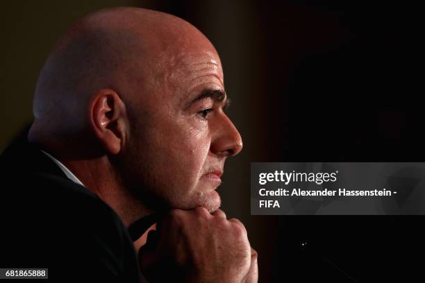 President Gianni Infantino looks on during a press conference after the 67th FIFA Congress at the Bahrain International Congress & Convention Center...