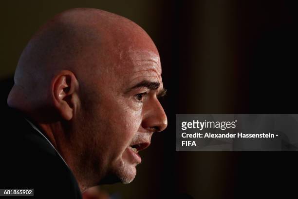 President Gianni Infantino talks to the media during a press conference after the 67th FIFA Congress at the Bahrain International Congress &...