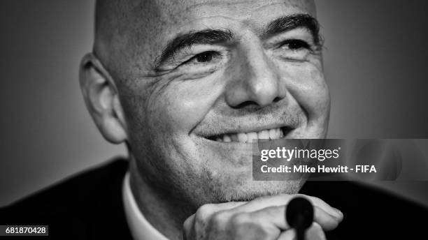 President Gianni Infantino faces the media during a press conference following the 67th FIFA Congress at the Bahrain International Exhibition &...