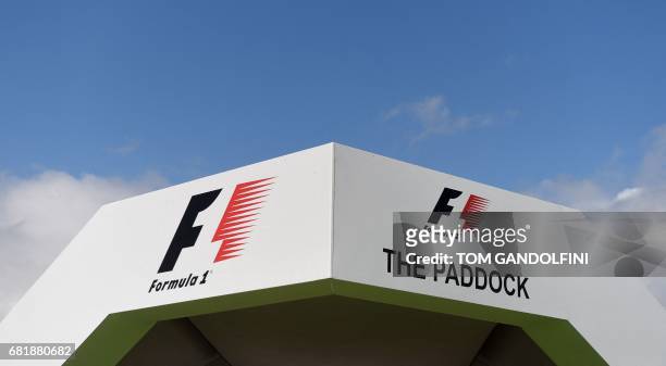 The Formula One logo is pictured at the Circuit de Catalunya on May 11, 2017 in Montmelo on the outskirts of Barcelona ahead of the Spanish Formula...