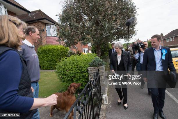Prime Minister Theresa May joins Conservative candidate Paul Holmes during a visit to Southampton on the election campaign trail, on May 11, 2017 in...
