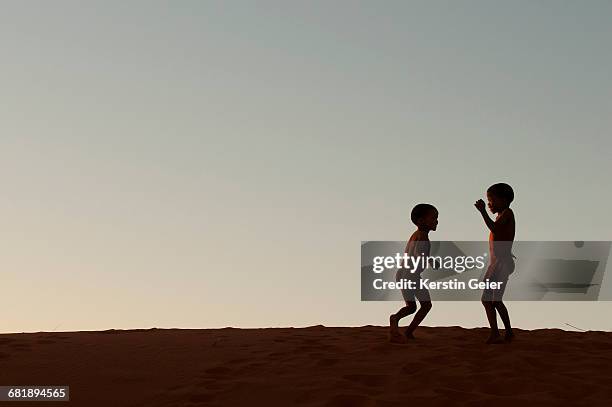 silhouette of san (bushmen) on top of dunes at sunset. stampriet district, namibia. - san stockfoto's en -beelden