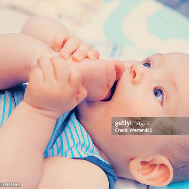 baby putting foot into his mouth - feet sucking stock pictures, royalty-free photos & images