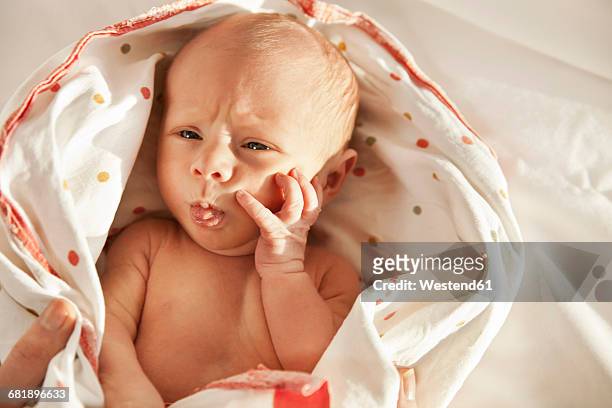 newborn making a funny face - funny face baby stock pictures, royalty-free photos & images