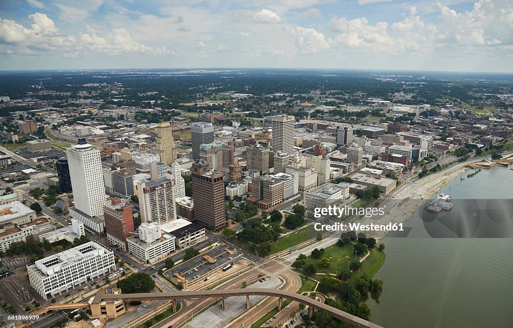 USA, Tennessee, Aerial photograph of downtown Memphis and the Mississippi River