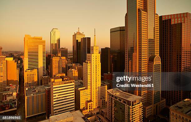 usa, texas, aerial photograph of the dallas skyline at sunrise - dallas tx stock pictures, royalty-free photos & images