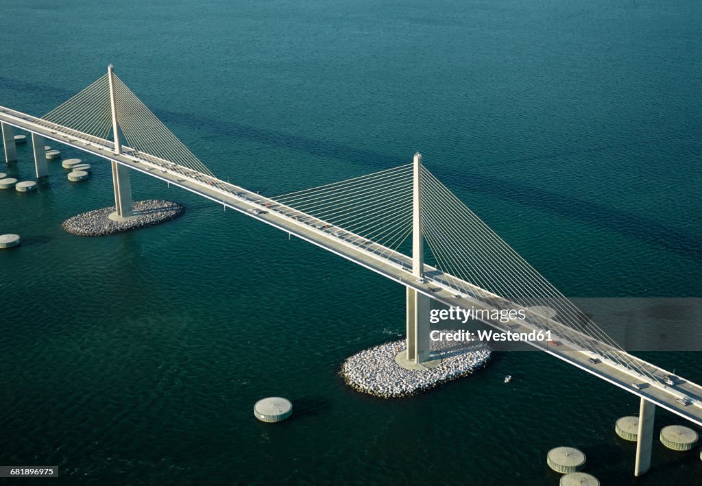 USA, Florida, Aerial photograph of the Sunshine Skyway Bridge over Tampa Bay