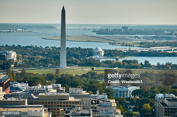 usa, aerial photograph of washington, d.c. showing the white house, washington monument, jefferson memorial, potomac river and national airport - washington dc stock pictures, royalty-free photos & images