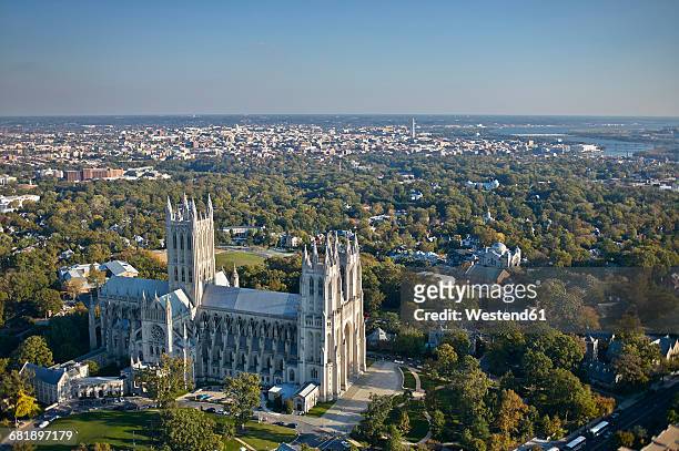 usa, washington, d.c., aerial photograph of national cathedral - national cathedral stock pictures, royalty-free photos & images