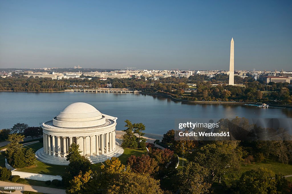 USA, Washington, D.C., Aerial photograph of the Jefferson Memorial, Tidal Basin and Washington Monument