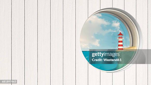 porthole in wooden wall with lighthouse at sea shore - porthole stock illustrations