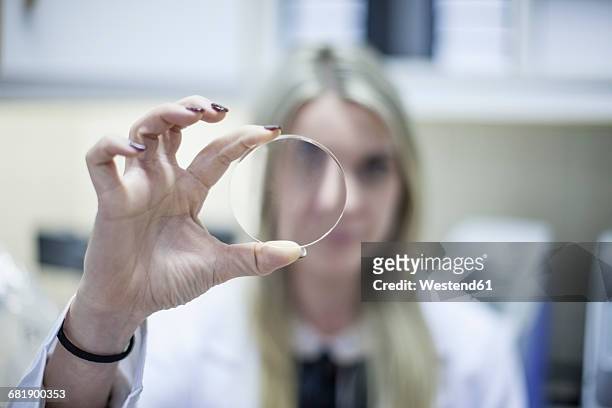 optometrist looking through eydeglass lens - looking through lens stock-fotos und bilder