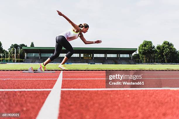 young woman on tartan track starting - track and field stadium stockfoto's en -beelden