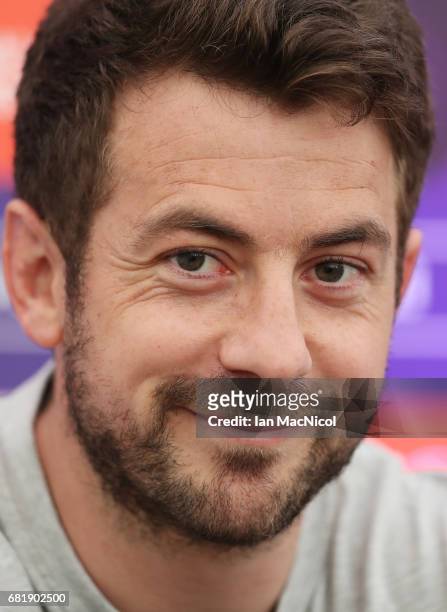 Greig Laidlaw of Gloucester speaks to the media during a press conference ahead of the ERC Challenge Cup final between Gloucester and Stade Francais...