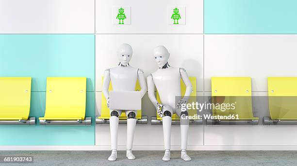 two robots looking at laptop, 3d rendering - window seat stock illustrations