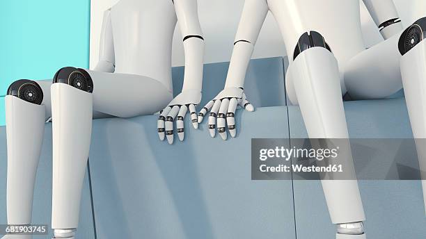 two robots in love, 3d rendering - sitting bench stock illustrations