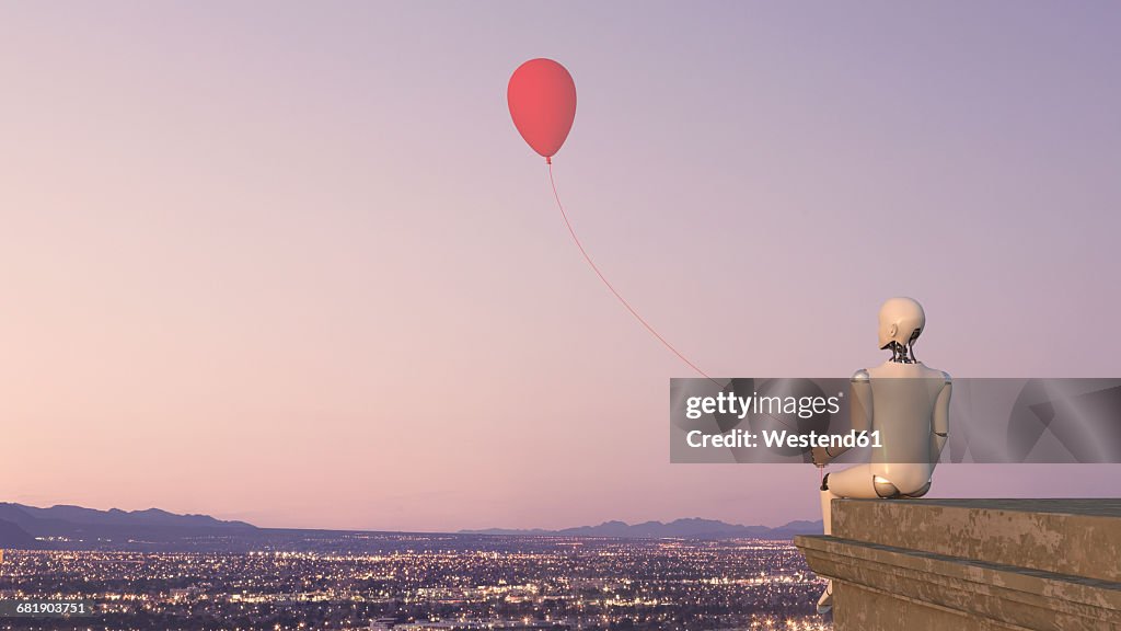 Back view of robot sitting on edge of a roof with a balloon, 3D Rendering