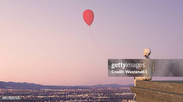 back view of robot sitting on edge of a roof with a balloon, 3d rendering - twilight stock illustrations