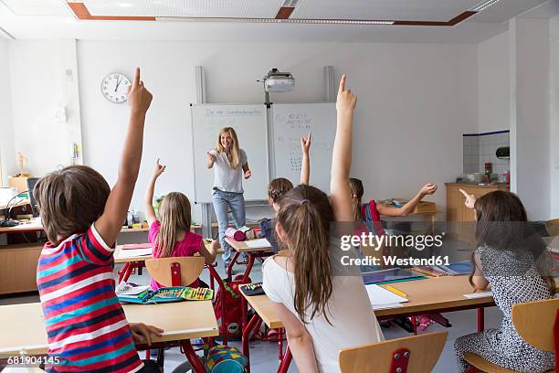 active pupils raising their hands in class - pedagoga imagens e fotografias de stock