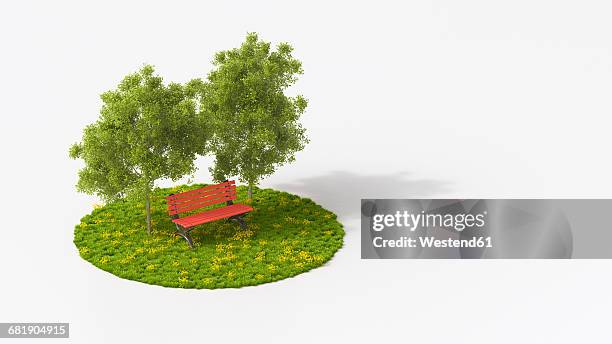 stockillustraties, clipart, cartoons en iconen met red bench under oak trees on grass - remote location