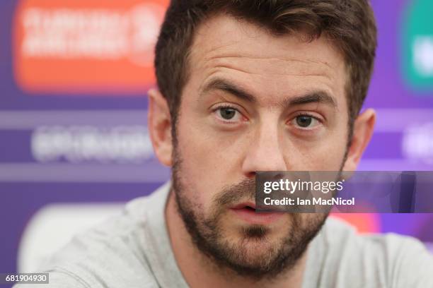 Greig Laidlaw of Gloucester speaks to the media during a press conference ahead of the ERC Challenge Cup final between Gloucester and Stade Francais...