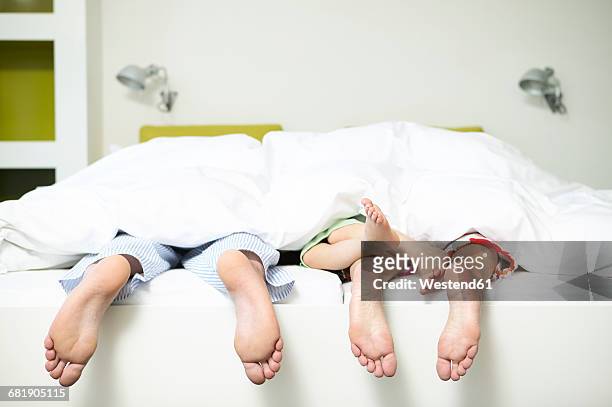 family lying in bed of hotel room showing their foot soles - family feet stock-fotos und bilder