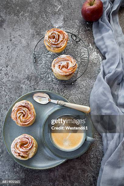 filo pastry apple cakes in rose shape with cup of coffee - apple pie a la mode stock pictures, royalty-free photos & images