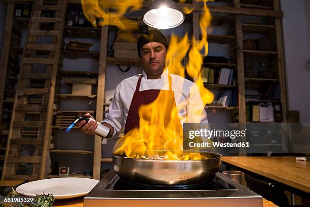 man flambing beef cheeks with sauteed vegetables in a pan using a kitchen torch - cook fotografías e imágenes de stock