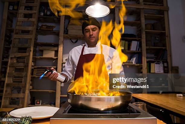 man flambing beef cheeks with sauteed vegetables in a pan using a kitchen torch - flame stock pictures, royalty-free photos & images