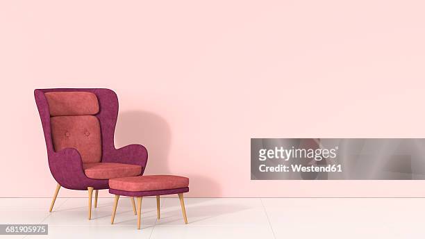 ilustraciones, imágenes clip art, dibujos animados e iconos de stock de retro style arm chair and stool against pink wall - home interior