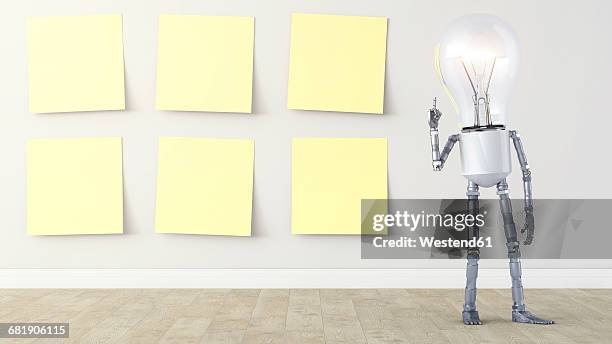 light bulb manikin standing by row of yellow sticky notes - 付箋紙点のイラスト素材／クリップアート素材／マンガ素材／アイコン素材