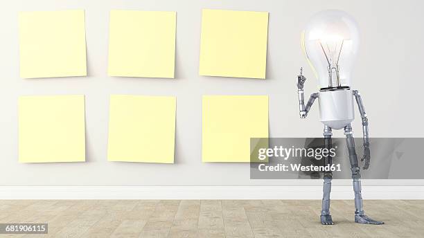 light bulb manikin standing by row of yellow sticky notes - lightbulbs in a row stock illustrations