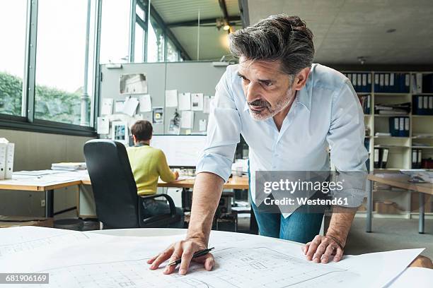 architect working on ground plan in office - businessman looking at map stock pictures, royalty-free photos & images