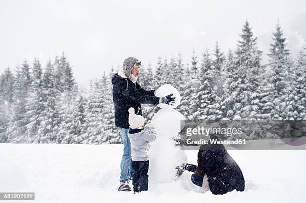 family building snowman together - pupazzo di neve foto e immagini stock