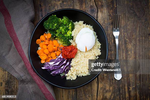 lunch bowl of quinoa, red cabbage, carrots, roasted chickpeas, broccoli, poached egg and ajvar - quinoa and chickpeas stock pictures, royalty-free photos & images