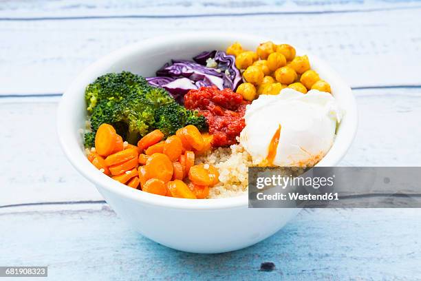 lunch bowl of quinoa, red cabbage, carrots, roasted chickpeas, broccoli, poached egg and ajvar - course meal stock pictures, royalty-free photos & images