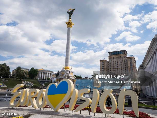 General view of the Eurovision sign outside of the Eurovision Village on May 11, 2017 on Kreschatyk Street in Kiev, Ukraine. The final of the 62nd...