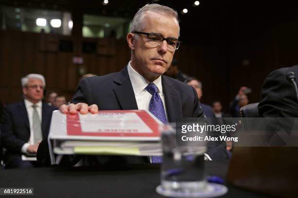 Acting FBI Director Andrew McCabe and the other heads of the U.S. Intelligence agencies prepare to testify before the Senate Intelligence Committee...