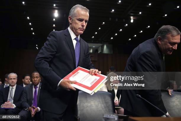 Acting FBI Director Andrew McCabe , Central Intelligence Agency Director Mike Pompeo and the other heads of the U.S. Intelligence agencies prepare to...