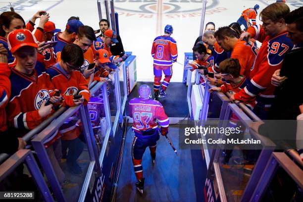 The Edmonton Oilers skate out to warm up against the Anaheim Ducks in Game Six of the Western Conference Second Round during the 2017 NHL Stanley Cup...