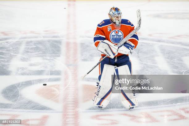 Goalie Cam Talbot of the Edmonton Oilers warms up against the Anaheim Ducks in Game Six of the Western Conference Second Round during the 2017 NHL...