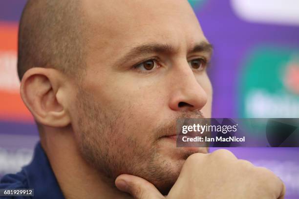 Sergio Parisse of Stade Francais speaks to the media during a press conference ahead of the ERC Challenge Cup final between Gloucester and Stade...