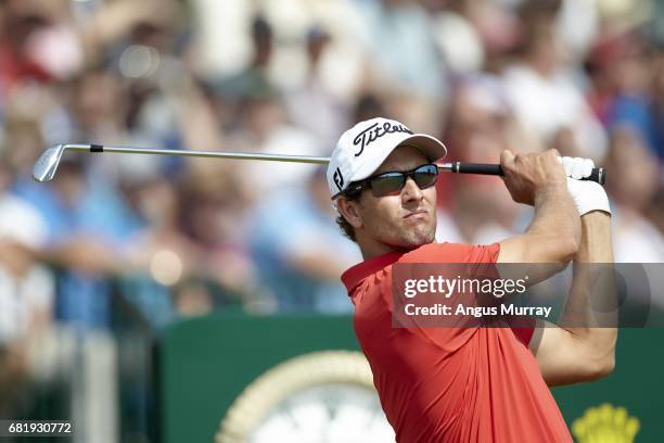 Closeup of Adam Scott in action, drive from tee during Friday play at Royal Liverpool GC. Hoylake, England 7/18/2014 CREDIT: Angus Murray