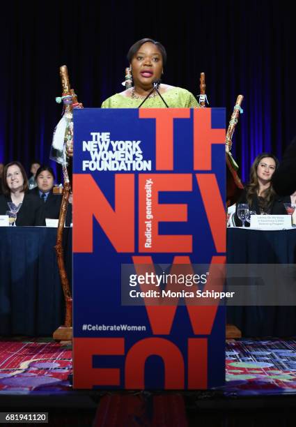 Leymah Gbowee speaks onstage during the 30th Anniversary Celebrating Women Breakfast at Marriott Marquis Hotel on May 11, 2017 in New York City.