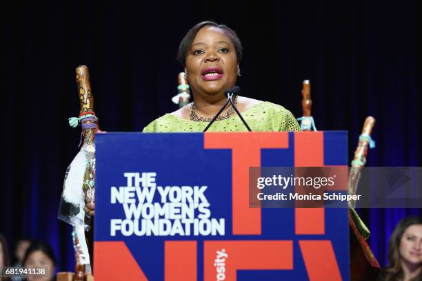 Leymah Gbowee speaks onstage during the 30th Anniversary Celebrating Women Breakfast at Marriott Marquis Hotel on May 11, 2017 in New York City.