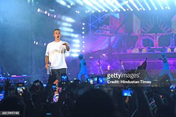 Canadian pop singer Justin Bieber performs for his purpose tour at D.Y. Patil Stadium, Nerul, on May 10, 2017 in Mumbai, India. Justin Bieber, a...