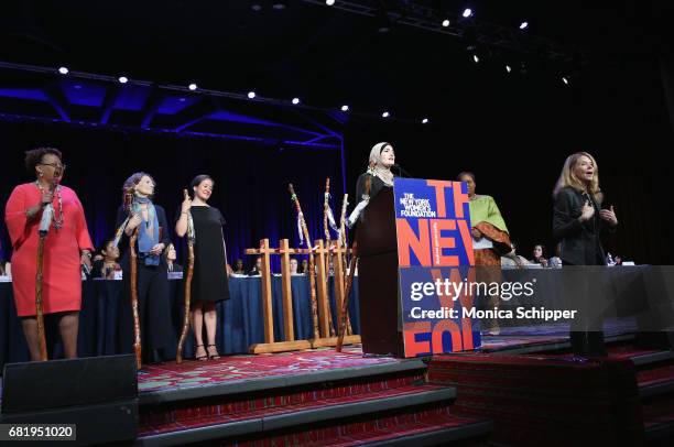 Vivian Nixon, Donna Lieberman, Ana Maria Archila, Linda Sarsour and Leymah Gbowee speak onstage during the 30th Anniversary Celebrating Women...