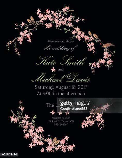 cherry blossoms and tiny birds invitation template - songbird stock illustrations